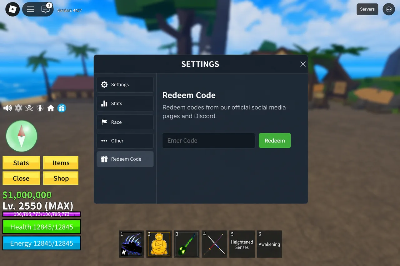 Blox Fruits Settings panel showing the Enter Code field and Redeem button