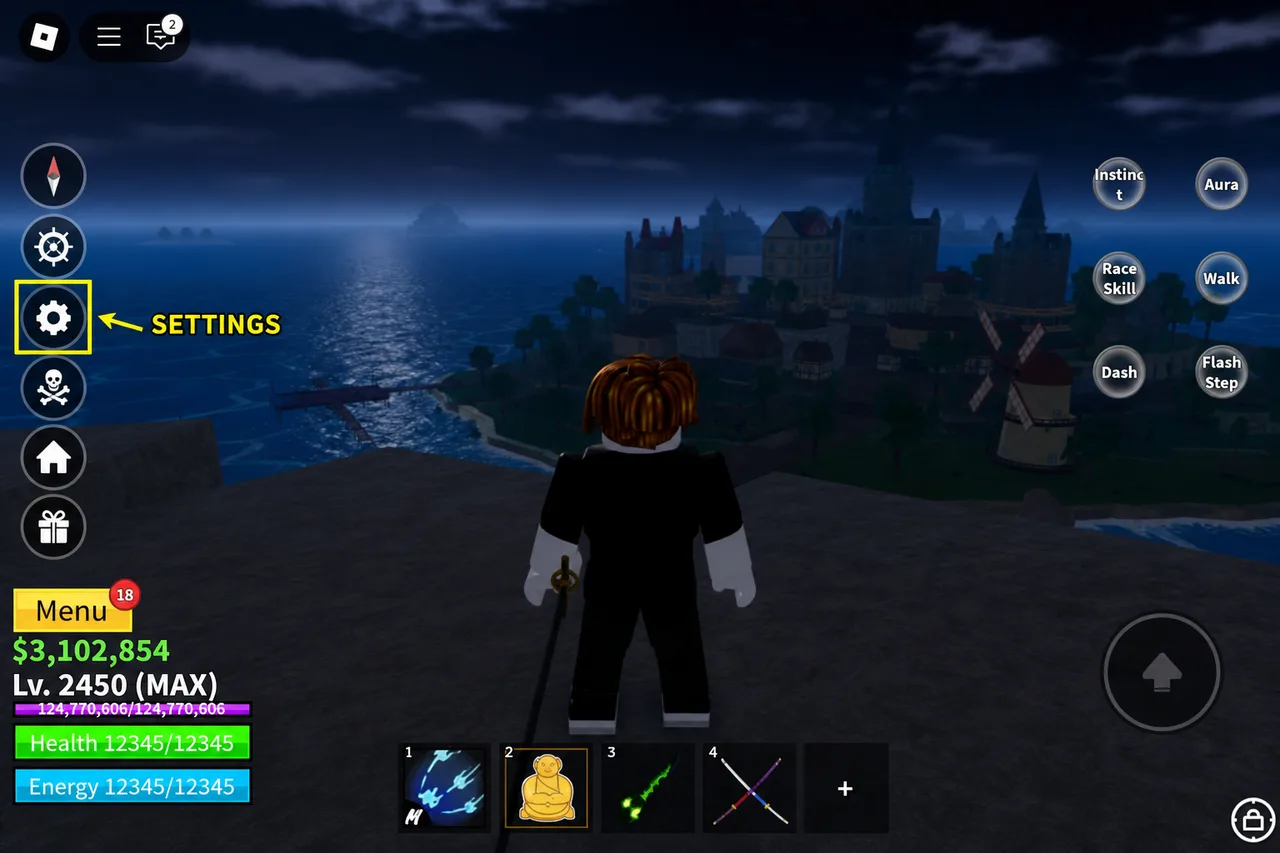 Blox Fruits HUD with the left-side Settings cog highlighted for redeeming codes