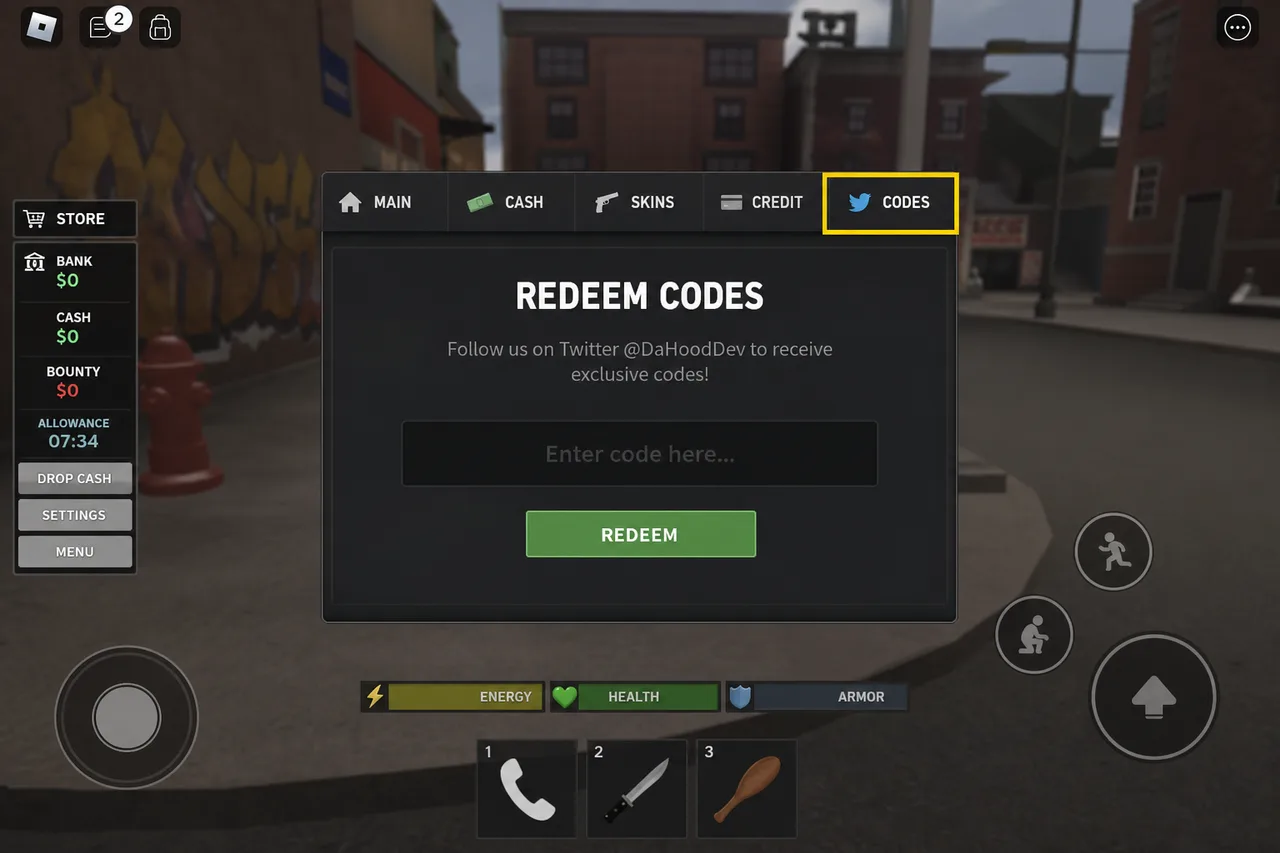 Da Hood in-game menu with the Codes redeem option highlighted