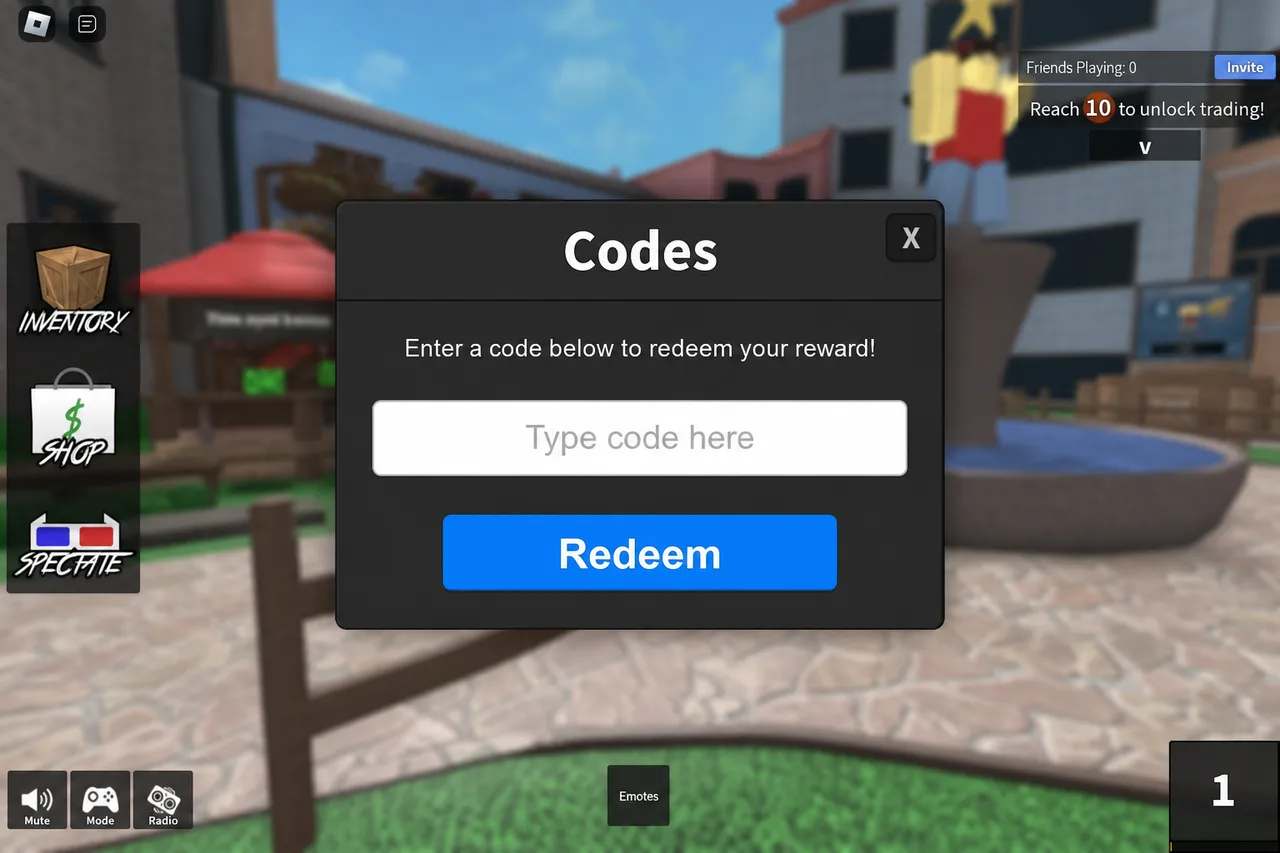 Roblox-style codes redeem dialog with a code field and Redeem button